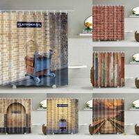 Vintage Style Wood Door Shower Curtain 3D Platform 3/4 Wall Bookshelf Background Cloth Waterproof Polyester Bathroom Curtains