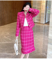 Autumn Winter Woolen 2 Piece Set Women Plaid Metal Button Rose Red Short Jacket Coat + Tweed Split Pencil Knee Skirt Suits