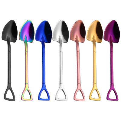 50pcs Creative Stainless Steel 304 Small Earth Shovel Spoon Fork Color Gilded Tableware Coffee Spoon Exquisite Stirring Spoon Cooking Utensils