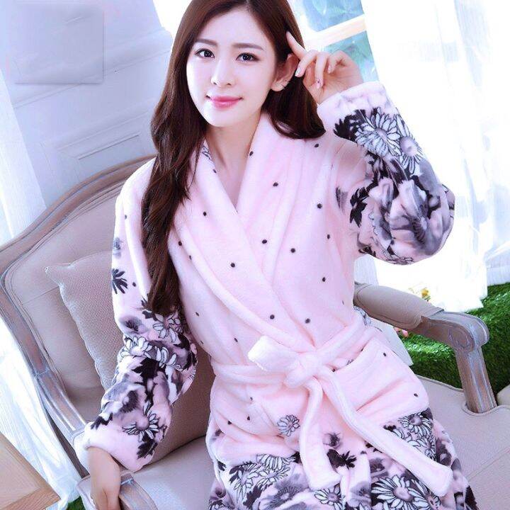 xiaoli-clothing-ผู้หญิงฤดูหนาว-warm-flannel-kimono-robe-ชุดนอนหญิงพิมพ์ดอกไม้-nightdress-dressing-gown-สวมใส่เสื้อคลุมอาบน้ำโรงแรม