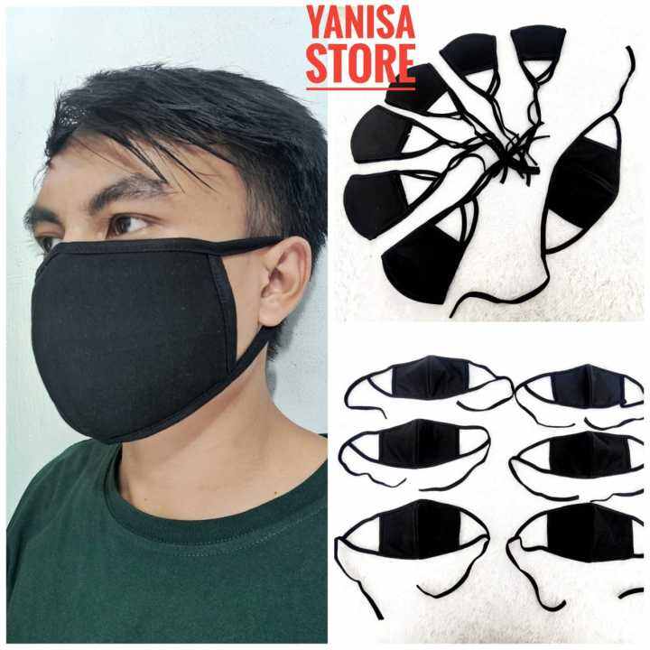 MASKER KAIN HITAM POLOS 3 LAPIS TALI PANJANG / MASKER HIJAB / MASKER ...