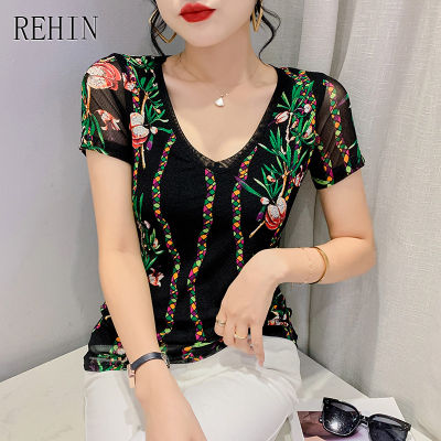 REHIN เสื้อยืดแขนสั้นลายดอกไม้ตาข่ายของผู้หญิง,เสื้อเบลาส์หรูหราทรงสลิมฟิตคอวีพิมพ์ลายดอกไม้ปี S-3XL