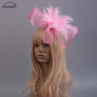 ผู้หญิง Fascinator หมวกตาข่ายสีชมพู Feather Veil ค็อกเทลกิ๊บติดผมสุภาพสตรีขนาดใหญ่ Headwear อุปกรณ์เสริมงานแต่งงาน Hairpins