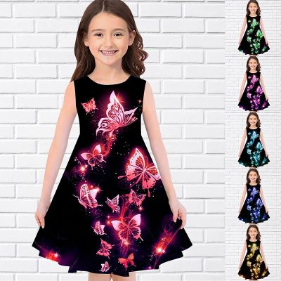 〖jeansame dress〗2022ฤดูร้อนสาว3D ดอกไม้พิมพ์ชุดเด็กสาวพรรคแขนกุดชุดเจ้าหญิงถัง3D พิมพ์ชุดดอกไม้สวยสำหรับสาวๆ
