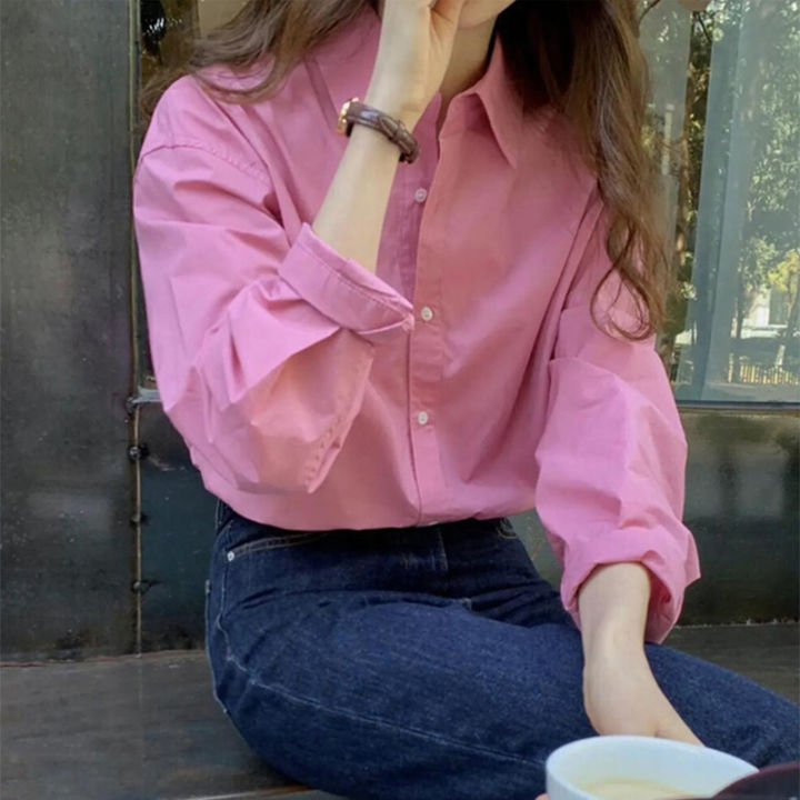 Korean Style Loose Pink Shirt Women Long Sleeve Casual Plain