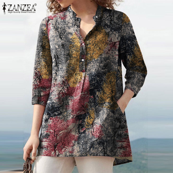 จัดส่งฟรี-zanzea-เสื้อเบลาส์ผ้าฝ้ายของผู้หญิง-เสื้อสวมศีรษะแนววินเทจมีกระดุมที่แขน3-4ส่วนจำหน่ายโดย-fancystyle