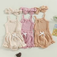 Toddler Newborn Infant Summer Clothing Baby Girls 3Pcs Outfits Sleeveless Waffle Knit Romper + Shorts + Headband Set  by Hs2023