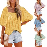 Europe and the United States womens wear the new summer 2022 square collar chiffon blouse flower lantern sleeve shirt texture