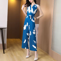 Impression Fshion Women Korean Floral V-neck Sleeveless High Waist Wide-leg Jumpsuit