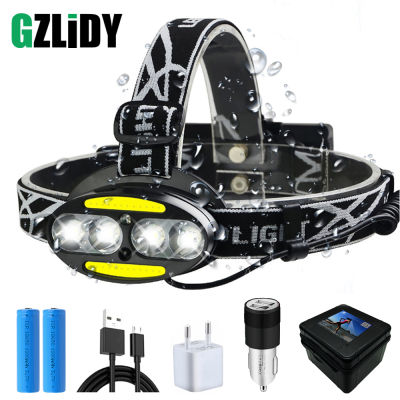 Super bright LED headlamp 4 x T6 2 x COB 2 x Red LED Waterproof led headlight 7 lighting modes with batteries charger