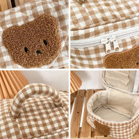 Hylhexyr Cute Bear Makeup Bag Large Capacity Portable Cosmetic Bags Zipper Pure Cotton Plaid Brushes Pouch Case For Women