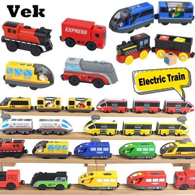 Wooden Train Railway Accessories Electric Train Magnetic Rail Car Diecast Slot Fit For All Brands Train Track Toys For Children