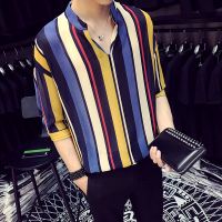 New summer fashion contrast color vertical stripe v-neck half-sleeve shirt men korean fashion loose shirts for men