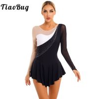 Women Rhinestone Mesh Long Sleeve Figure Skating Dress Gymnastics Leotards Ballroom Competition Dancewear Costume