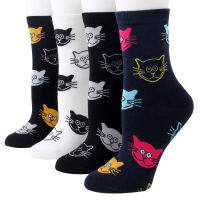 PEONFLY 4pairslot Combed Cotton Socks Women Breathable Cute Kawaii Cat Printing Pattern Funny Sock Casual Autumn Soft Sokken