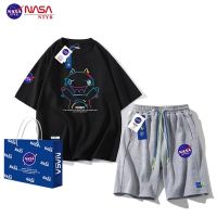 【July hot】 NASA joint short-sleeved t-shirt mens 2023 new summer tide brand retro simple printed sports suit