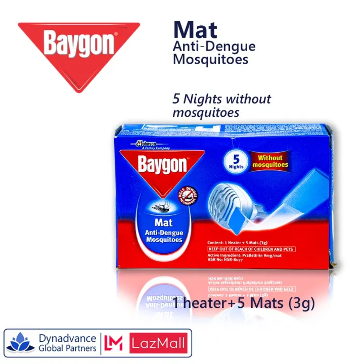 Baygon Mat AntiDengue Mosquitoes [1x Heater+5x mats(3g)] 5 Nights