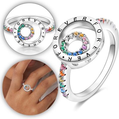 แหวนคิวบิกเซอร์โคเนียมีสีสันสีรุ้ง2023ดีไซน์ดั้งเดิม925สีเงินสำหรับผู้หญิงเครื่องประดับงานแต่งงานสาว
