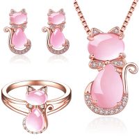 【lz】◎∋✧  Conjunto de jóias opala cristal para mulheres e meninas cor ouro rosa colar brincos anel gato bonito cor prata na moda