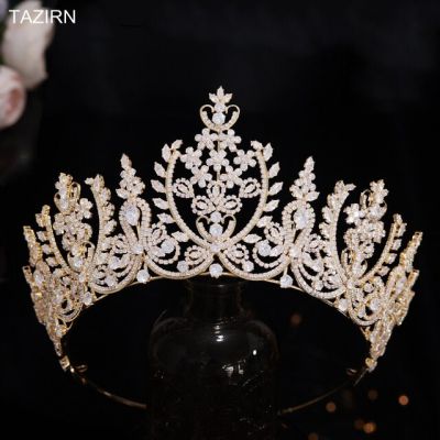 Luxury European CZ Wedding Crowns for Women Cubic Zirconia Big Headpieces Dubai Arabic Bridal Hair Accessories