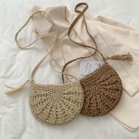 2023 Half Round Straw Bag for Women Summer Beach Rattan Shoulder Bag Zipper Woven Half Moon Crossbody Handbags Bohemia Vacation