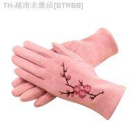 【hot】❂  Female Layer Warm Cashmere Plum Pattern Mittens Suede Leather Driving Gloves B15