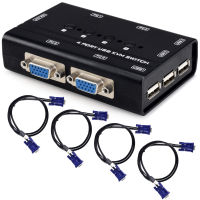 TCRAYCH USB VGA KVM Switch with 4 Cables, 4 Port Selector Switcher for 4PC Sharing One Video Monitor and 3 USB Devices, Keyboard, Mouse, Scanner, Printer… 4 Port VGA KVM