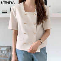 (จัดส่งฟรี)Fancystyle VONDA เสื้อผู้หญิงลำลองคอเหลี่ยมเสื้อสตรีแขนสั้นเดินทางติดกระดุม