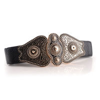 Ethnic Style Women Elastic Waist Seal Retro Ladies with Decorative Elastic Waistband Carved Buckle Lady Fashion Waist Black Belt