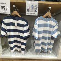 ☇เสื้อยืดรอบคอหลวม Uniqlo เสื้อลายทางแขนสั้น,ห้องลองเสื้อ E449476/449849