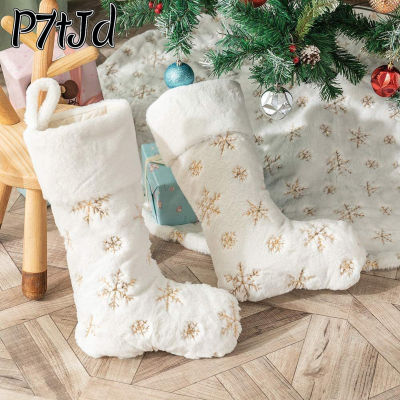 [P7tJd] จี้ถุงเท้าคริสต์มาสโพลีเอสเตอร์พร้อมลายปักเกล็ดหิมะตกแต่งต้นคริสต์มาสเงิน