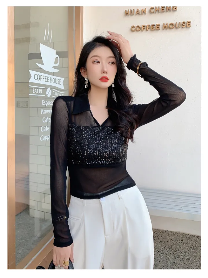 YIMEI 2023 Spring and Autumn New Half Open Collar Mesh Sequin