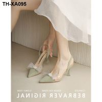 Green bowknot heels female in the summer of 2023 with transparent thin baotou strappy sandals diamond point after shoes