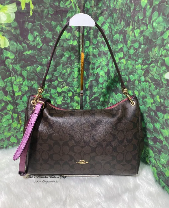 COACH METALLIC TRIM SIGNATURE MIA SHOULDER BAG BROWN METALLIC BERRY