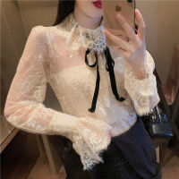 Fall New Sexy See Though Lace Shirt Jumpsuits Two piece set Women Ribbon Bow Flare sleeve Lace Blouse Tweed Short Playsuit Sets