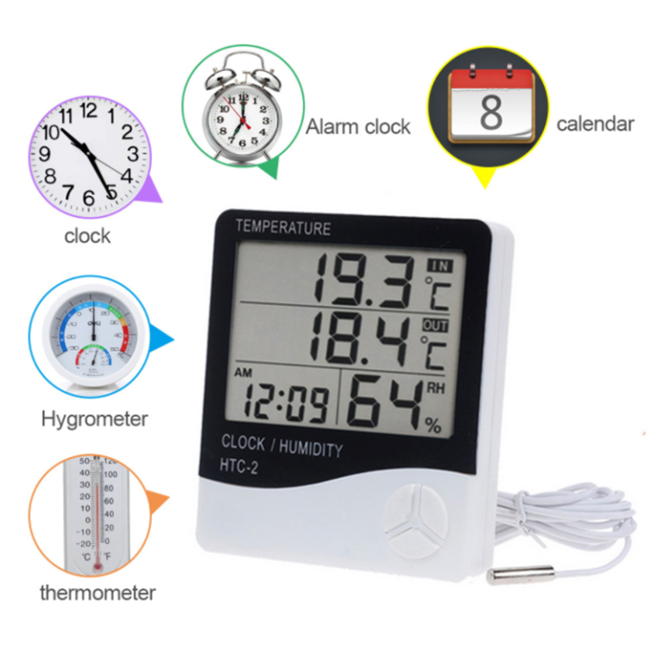 เครื่องวัดอุณหภูมิและความชื้น-แบบดิจิตอล-htc-2-thermometer-มัลติฟังชั่น-นาฬิกา-วัดอุณหภูมิได้ทั้งภายในและภายนอก-มีฟังชั่นวัดความชื้น-และนาฬิกาปลุก