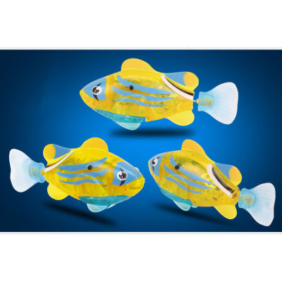หุ่นยนต์ปลาสวยงาม ว่ายน้ำอัตโนมัติ Happy Fish Robot Toy Automatic swimming ลาย เหลืองใสพาดจุดน้ำเงิน Yellow Transparent Stripe Spot Blue