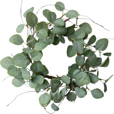 Idyllic Eucalyptus Leaves Wreath Metal Polyester Fabric Paper Round Green Wreath 14 Inches for the Front Door Decor