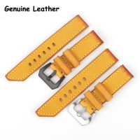 ✾๑♛ 3mm Thick Genuine Leather Watchbands 20mm 22mm 24mm 26mm Yellow Brown Retro Women Men Cowhide Watch Band Strap Belt With Buckle