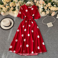 YuooMuoo Chic Fashion Polka Dot Print Women Dress 2023 New Summer Elegant Vintage Bandage Slim Waist Big Swing Long Party Dress