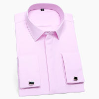 France Cufflinks Men Tuxedo Shirts Long sleeve Covered Button Plain Solid Mens Dress Shirt White Light Blue Pink Business Social