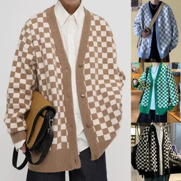 Korean Fashion Plaid Knit Cardigan Men V-neck Long Sleeve Slim