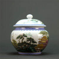 Qianlong Made Pastel Blue และ White Landscape Story Picture Tea Covered Cans Antique Collection Ornaments Chinese Gifts