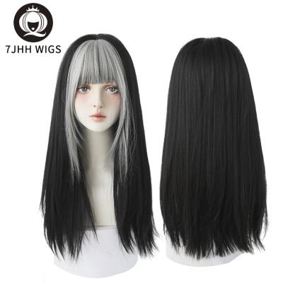 7JHH WIGS Highlighted Grey Black Kinky Straight Synthetic Wigs With Fluffy Bangs For Women Daily Wear Toupee Heat-Resistant Hair