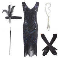 1920S Flapper Roaring Plus ขนาด20S Great Gatsby Fringed Sequin Beaded Dress และ Embellished Art Deco Dress อุปกรณ์เสริม XXXL