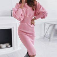 【CC】 Fashion Dresses 2021 O Neck Waist Tight Bodycon Knee-Length Clothing Street Wear