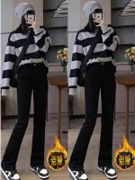 Plus Velvet Thickened Black Micro Flared Jeans Womens Autumn And Winter New Large Size Fat Mm Slim High Waist Horseshoe Pants Trendy