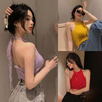 Camisoles คอคล้องคอแบบใหม่ของผู้หญิงสำหรับฤดูร้อนสีพื้นเปิดสะดือสไตล์ Y2K เสื้อกล้ามโดพามีน