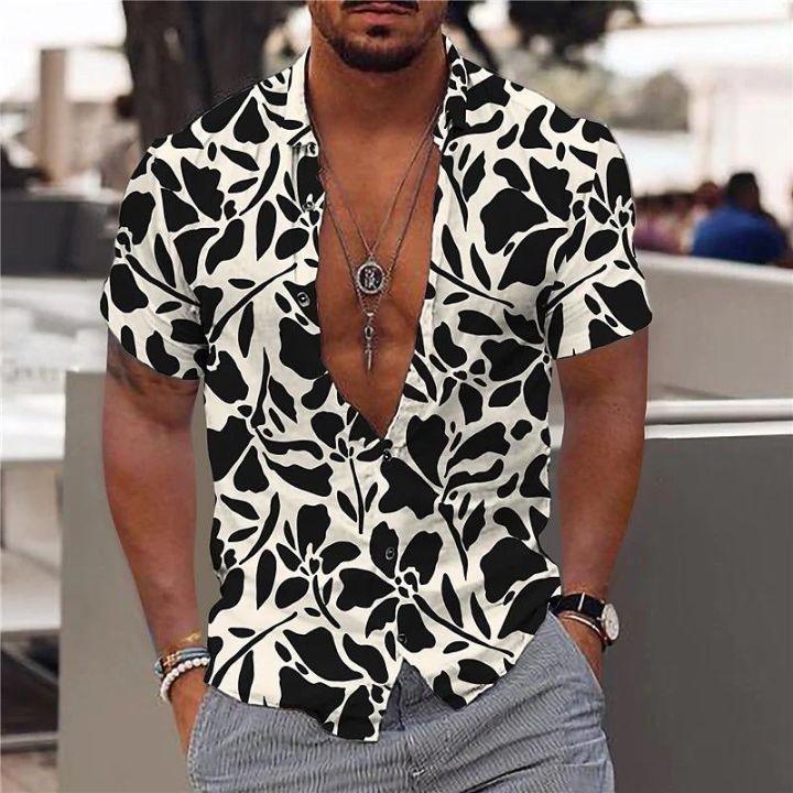 เสื้อคอวีผู้ชายพิมพ์ลายใบเมเปิลเสื้อฮาวายสำหรับผู้ชาย-เสื้อผ้าผู้ชายตามสมัยนิยมติดกระดุมแขนสั้น