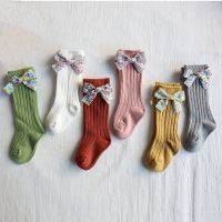 ♞♨◐ Toddlers Baby Girls Socks Floral Bows Knee High Long Sock Soft Cotton Stripe Children Socks Princess Style For 0-5 Years Kids